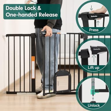 Babelio 31.5-55" Extra Wide Baby Gate with Cat Door, Auto Close Durable Dog Gate Indoor, Pressure Mounted Baby Gates for Stairs, Doorways, Includes 4 Wall Cups and 3 Extension Pieces, Black - Image 4