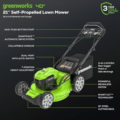 Greenworks 40V 21" Brushless Cordless (Smart Pace / Self-Propelled) Lawn Mower (75+ Compatible Tools), (2) 4.0Ah Batteries and Charger Included - Image 4