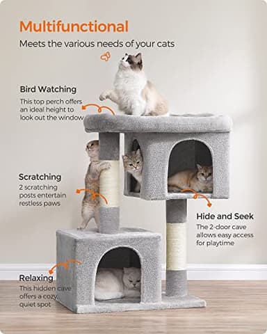 Feandrea Cat Tree, 39.8-Inch Cat Tower, XL, Cat Condo for Extra Large Cats up to 44 lb, Large Cat Perch, 2 Cat Caves, Scratching Post, Light Gray UPCT614W01 - Image 4