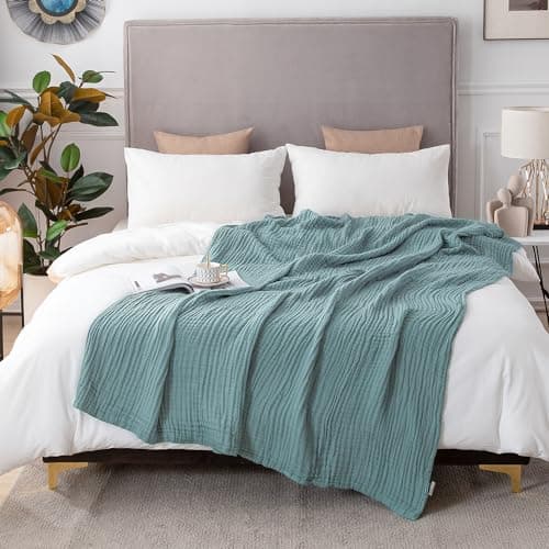 EMME Cotton Muslin Blanket King Size - Soft, Breathable Layering Blanket, 108"x90", All Season Gauze, Teal - Image 1