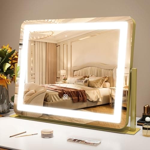 ROLOVE Gold Vanity Mirror with Lights - Smart Touch Dimming, 3-Color Lighting, 360° Rotatable Desktop Makeup Mirror for Desk, 22"x17" - Image 1