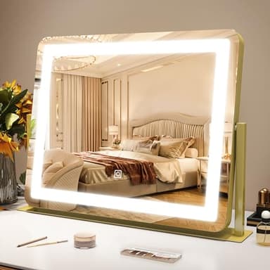 ROLOVE Gold Vanity Mirror with Lights - Smart Touch Dimming, 3-Color Lighting, 360° Rotatable Desktop Makeup Mirror for Desk, 22"x17" - Image 1
