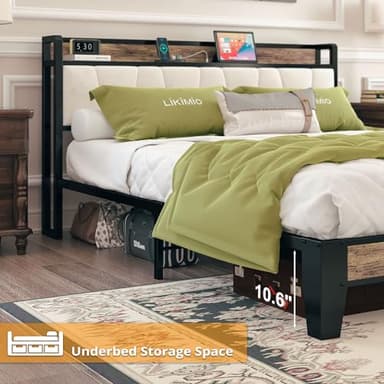LIKIMIO Full Size Bed Frame, Storage Headboard with Charging Station, Solid and Stable, Noise Free, No Box Spring Needed, Easy Assembly (Walnut and Beige) - Image 5