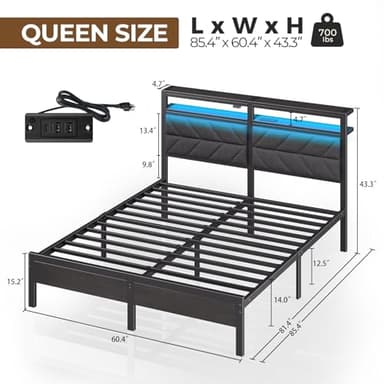 Seventable Bed Frame Queen Size with Charging Station, LED Bed with Upholstered Storage Headboard, Metal Platform Bed with Under Bed Storage, No Box Spring Needed, Noise Free, Easy Assembly, Grey - Image 2