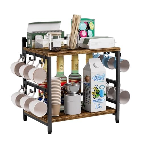 Aquzee Large Coffee Bar Counter Top Shelf with Cup Holder, Cofe Tea Station Organizer Shelves Stand for Countertop with 12 Hooks for Mug, 2 Tier Kitchen Bar Decorations for Home 11"D x 15.8"W x 16.1"H - Image 1