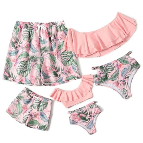 IFFEI Family Matching Swimsuits Ruffles Two Piece Bikini Set Off Shoulder Mommy and Me Bathing Suits with Straps Women: M Pink - Image 1