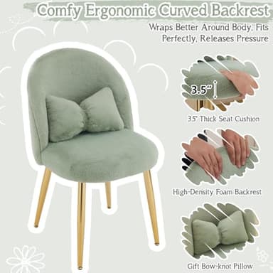 VINGLI Fluffy Girls Vanity Chair with Back & Pillow,Cute Small Cozy Desk Chair No Wheels,Comfy Makeup Ch with Ajustable Gold Legs,for Bedroom,Living Room,Small Space,Green - Image 4