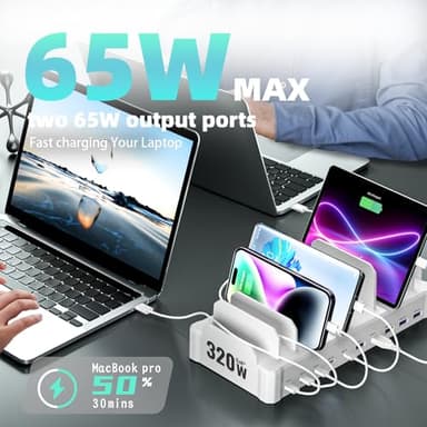 320W Charging Station for Multiple Devices, Zobirez 10-Port USB C Fast Charger Stations for MacBook, iPhone, Android Cell Phone, iPad, Tablet, Family Multi-Device Organizer Charging Dock, White - Image 4