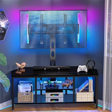 Corner TV Stand with Mount LED - Universal TV Mount Stand for 32-65" TV, Height Adjustable Swivel TV Console Wood & Steel Entertainment Center with Mount, Cabinet, Power Outlet, Colorful Light, Black - Image 8