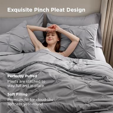 Bedsure Queen Comforter Set Grey - Bed in a Bag Queen Size 7 Pieces, GentleSoft™ Pintuck Bed Set Gift for Family, Pinch Pleat All Season Comforter with Sheets, Pillowcases & Shams - Image 3