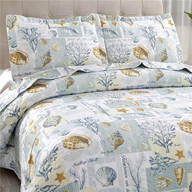 Junsey Beach Theme Quilts Set King Size Ocean Conch Seashell Starfish Seaweed Bedspreads Lightweight Patchwork Coastal Bedding Letter Printed Coverlets with Pillow Shams - Image 2