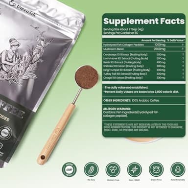UMEWISH Mushroom Coffee Instant with Marine Collagen, Lion's Mane, Cordyceps, Turkey Tail, Chaga, Reishi for Energy, Focus, Digestion, Skin & Immunity, Keto Friendly(50 Days Supply) - Image 2