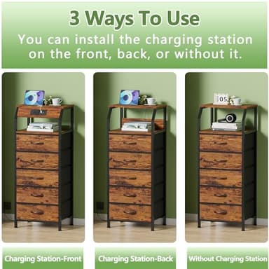 Furnulem 5 Drawers Dresser with Charging Station, Tall Night Stand with Storage Shelf, Fabric Chest of Drawers, Bedside Table for Closet, Entryway, Bedroom Furniture, 3 Ways to Use, Rustic Brown - Image 6