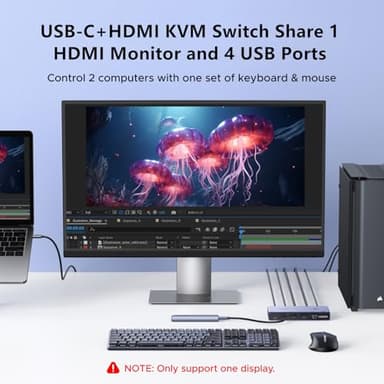 UGREEN USB-C+HDMI KVM Switch 1 Monitor 2 Computers with 4 USB 3.0 Ports 4K@60Hz Aluminum for 1 Laptop & 1 Desktop Share One Monitor Keyboard Mouse Printer with 1 HDMI Cable+2 Type-C Cables - Image 2