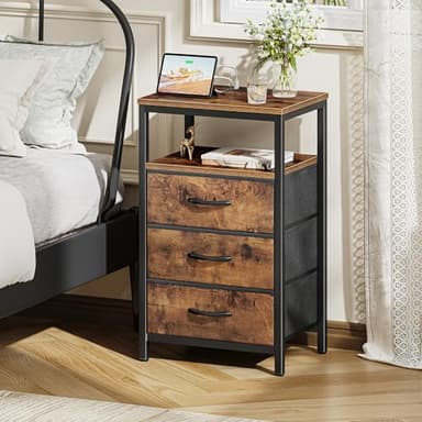 Huuger Nightstand with Charging Station, 27.6 Inch Bedside Table with Fabric Drawers, End Table with USB Ports and Outlets, Night Stand for Bedroom, Rustic Brown - Image 2