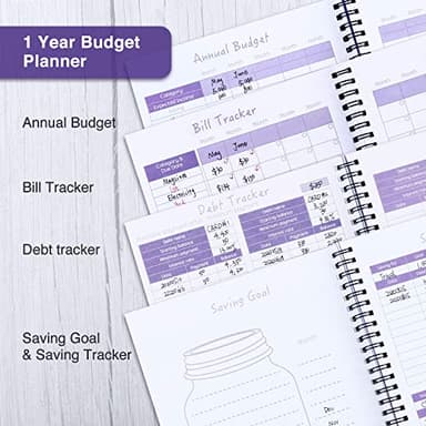 Monthly Budget Planner Book (Undated) with 12 Pockets for Income, Debt, Saving, Expense and Bill Tracker Organizer, Purple, Spiral Design - Image 3