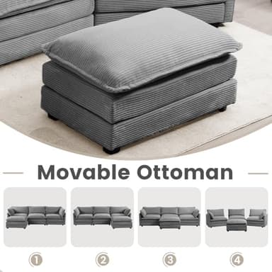 ROWHY Oversized Modular Sectional Sofa with Movable Ottoman, 112 Inch 4 Seat Modern Corduroy Sofa Set, Convertible L Shaped Couch for Living Room and Office, Dark Grey - Image 7