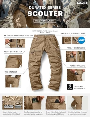 CQR Men's Tactical Pants, Water Resistant Ripstop Cargo Pants, Lightweight EDC Work Hiking Pants, Outdoor Apparel, Raider Cougar, 34W x 32L - Image 9