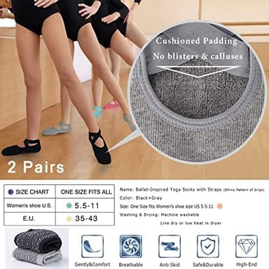 Yoga Socks for Women Non-Slip Grips & Straps, Ideal for Pilates, Pure Barre, Ballet, Dance, Barefoot Workout (2 Pairs- Black/Gray, one_size) - Image 5