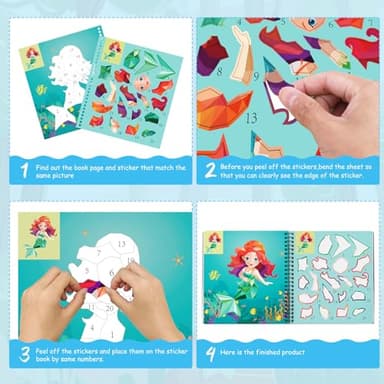 homicozy 3PCS Sticker Paint Books for Kids Ages 4-10,Unicorn Mermaid Animals Designs Paint by Stickers,Sticker by Numbers,Party Birthday Gifts for Girls 4-10,Create 30 Pictures One Stickers at A Time - Image 5