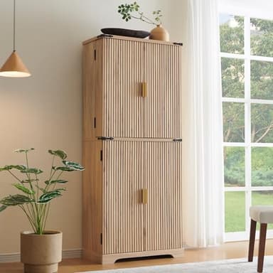 ACCOHOHO Fluted Pantry Cabinet, 72" Tall Modern Storage Cabinet with 4 Doors, Organizer, Drawer and Adjustable Shelves, Wood Cupboard for Kitchen, Dining Room, Living Room and Bathroom, Natural Oak - Image 3