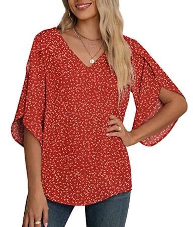 Jouica Blouse for Women Elegant Casual Chiffon Blouses Tops Dressy Casual 3/4 Sleeve Blouses for Work,Flower Wine Red,Large - Image 2