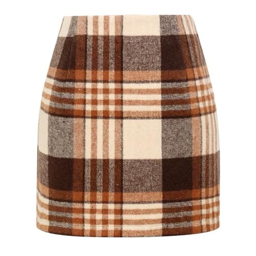 Plaid Skirt for Women High Waisted Pencil Cute Short Tartan Warm Wool Fall Winter Mini Skirt (Orange Brown, XXL) - Image 1