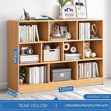 IOTXY Open Shelf Low Bookcase - Wooden 3-Tier Floor Standing Display Cabinet Organizer with Base, 10 Cubes Short Horizontal Bookshelf in Pear Yellow - Image 2
