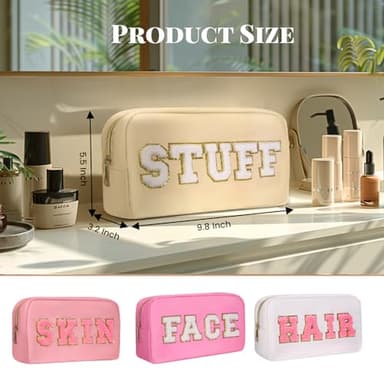 CasaCulina 4Pcs Preppy Makeup Bags Set, Cute Varsity Makeup Pouchs, Travel Cosmetic Bags Sewn with Skin/Hair/Face/Stuff Chenille Letter, Portable Nylon Zipper Toiletry Pouch Gifts for Girls Women - Image 3