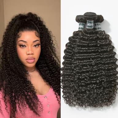 ASHINE Human Hair Bundles Deep Curly Water Wave, Unprocessed Cambodian Raw Hair 14 16 18 Inch, Flip Over Quick Weave Wet and Wave Bundles for Women Natural Black - Image 1