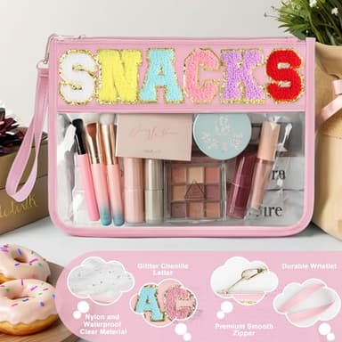 Snack Bag for Travel - Clear Chenille Varsity Letter Flat Pouch with Zipper, 12.2×8.46 inch Waterproof Clear PVC&PU Preppy Patch Makeup Cosmetic tote Bags for Women - Image 3