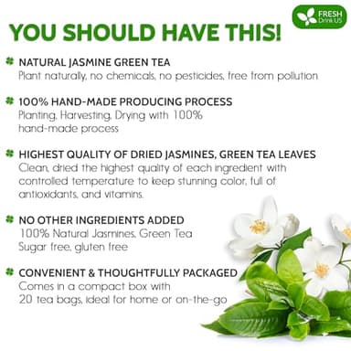 FreshDrinkUS, Premium 20 Tea Bags of Jasmine Green Tea, 100% Natural. Exquisite Flavor, Handpicked Leaves, Perfect for Tea Lovers. No Sugar, No Gluten, Vegan. - Image 2