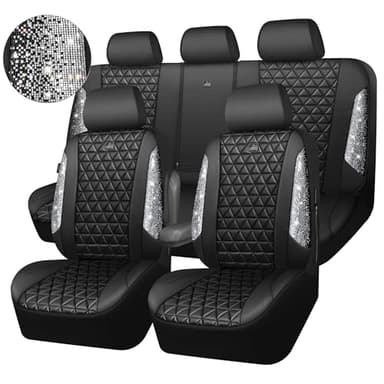 CAR PASS Bling Diamond Leather Car Seat Covers Full Seats Interior Sets, Waterproof Shining Glitter Sparkly Crystal Universal Armrest Fit Automotive Truck SUV Cute Women Girl, Black Silver Rhinestone - Image 9