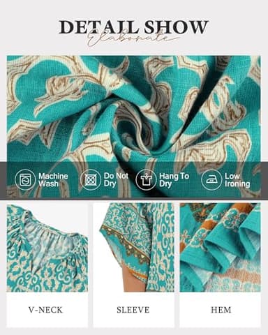 Bebonnie Linen Shirts for Women: 3/4 Sleeve Dressy Casual V Neck Boho Tops - Summer Linen Beach Vacation Clothes - Ladies Blouses Work Professional Flattering Outfits to Hide Tummy Multi Blue XL - Image 5