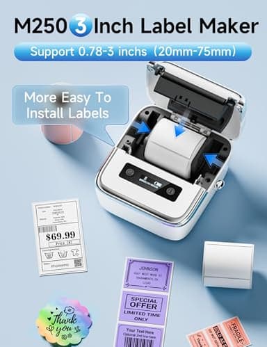 Phomemo M250 Label Maker Machine with Tape, 3 Inch Thermal Label Maker, 2025 Upgrade Portable Barcode Printer for Business, Home, Logo Label, Sticker Printer for Phones & PC, with 1 Roll Label - Image 3
