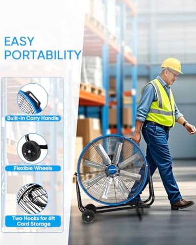 KEN BROWN 24 Inch Industrial Drum Fan, High Velocity Floor Shop Fan, Heavy Duty, 9500 CFM, 8 Blades, 3 Speeds, 360 Degree Tilt, Ideal for Industrial, Commercial, Gym, Garage Use, Blue - Image 6