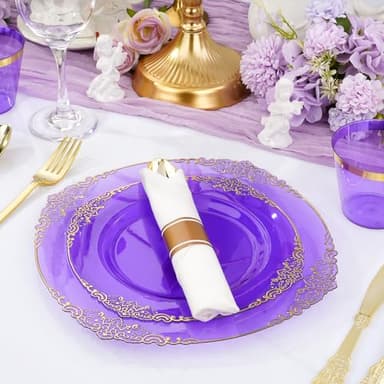 Bestluck 350 PCS Purple and Gold Plastic Plates, Disposable Dinnerware Set for 50 Guests, 100 Disposable Plates, 150 Silverwares, 50 Cups, 50 Napkins for Party, Wedding, Graduation - Image 5