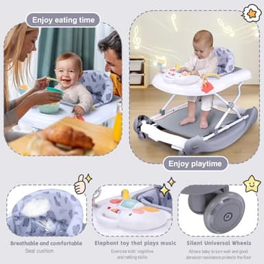 5 in 1 Foldable Baby Walker, Activity Baby Walker-Baby Bouncer, Rocker, Activity Center,Seat and Push Walker,Detachable Trampoline Mat, Adjustable Speed Rear Wheels and Height,Ages 6-18 Months(Grey) - Image 6