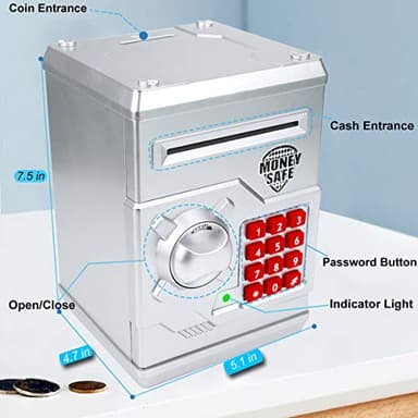 Yoego Kids Money Bank, Electronic Piggy Banks, Great Gift Toy for Kids Children, Auto Scroll Paper Money Saving Box Password Coin Bank,Perfect Toy Gifts for Boys Girls (Silver) - Image 3