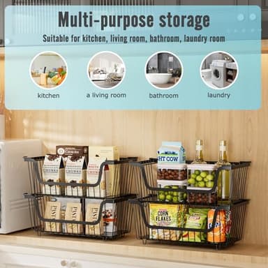 4 Pcs Stackable Wire Baskets for Pantry Organizers and Storage,Vegetable Fruit Basket for Countertop,Kitchen Storage Metal Baskets,Produce Potato Onion Storage Bin,Black - Image 6