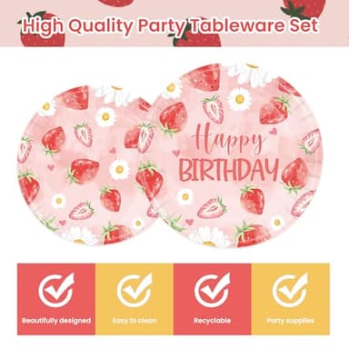 96Pcs Strawberry Birthday Party Plates Napkins-Sweet Baby Shower Pink Fruit Strawberry Theme Forks Supplies Tableware Set Disposable Decoration for Girls Berry Baby Decorations Favors Serves 24 - Image 3