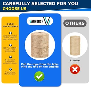 Vanhench 805FT Natural Jute Twine String, Bulk Hemp Jute Rope Cord Twine for Crafts Gardening, Gift Wrapping, Wedding Décor, Packing Material Burlap Ribbon, Christmas Knitting Macrame Decoration - Image 2