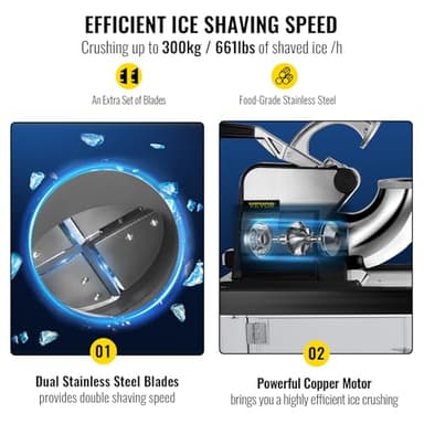 VEVOR 110V Commercial Ice Crusher 661LBS/H, ETL Approved 300W Electric Snow Cone Machine with Dual Blades, Stainless Steel Shaved Ice Machine with Safety On/Off Switch for Family, Restaurants, Bars - Image 3