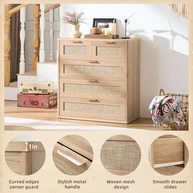 LEYAOYAO Rattan Dresser for Bedroom, 33.5" Tall Chest of Drawers, Modern 5 Drawers Boho Dressers with Storage, Light Oak Dresser Wooden Closet Organizer for Living Room, Hallway, Natural Wood - Image 7