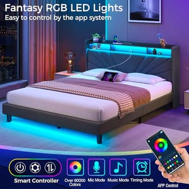 Rolanstar Full Size Bed Frame, Storage Headboard with Charging Station and LED Lights, Upholstered Bed with Heavy Duty Wood Slats, No Box Spring Needed, Noise Free, Easy Assembly, Dark Grey - Image 4