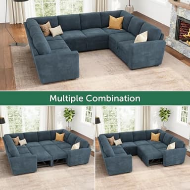 HONBAY Modular Sectional Couch with Pull Out Bed, Corduroy Sleeper Sofa with Storage Seats, U Shaped Sectional Couches for Living Room, Blue - Image 4