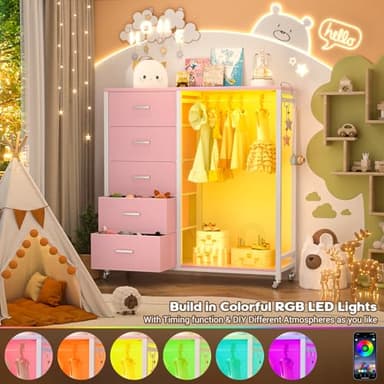 Cyclysio Dresser with Hanging Rack, 5 Fabric Drawers Dresser with Clothes Rack, Wooden Top Storage Chest of Drawers with Charging Station & LED Lights, Lockable Wheels, Closet - Image 3