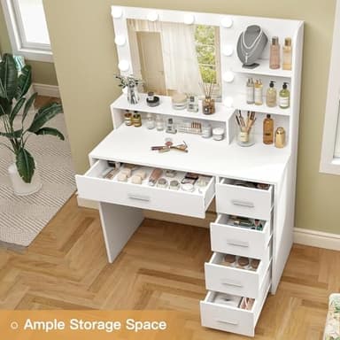 Quimoo Makeup Vanity Desk with Mirror & Lights, Vanity Desk with 5 Drawers & Storage Shelves, Vanity Table, 3 Color Modes & Adjustable Brightness Dressing Table, Bedroom, White - Image 2