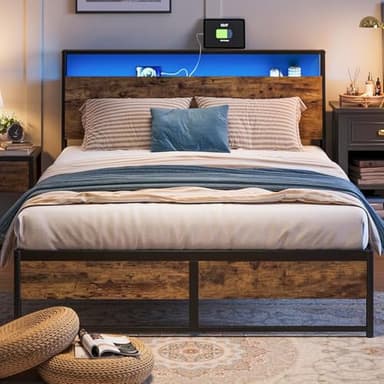 LINSY Queen Bed Frame with Ergonomic Headboard, Fast Assembly Metal Industrial Bed Frame with Lights & Charging, 14 inch Bed Queen Size with Storage, No Box Spring Needed, Rustic Brown - Image 1