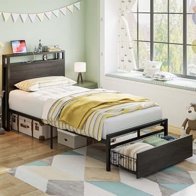 LIKIMIO Twin Bed Frames with Drawer, Storage Headboard with Outlets, No Box Spring Needed, Easy Assembly, Gray Black - Image 7